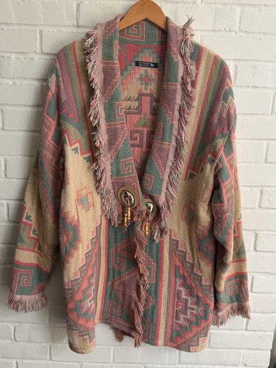 Goodwin Weavers Sweaters - Boho Fringe Jacquard Cardigan Sweater - Pink & Sage